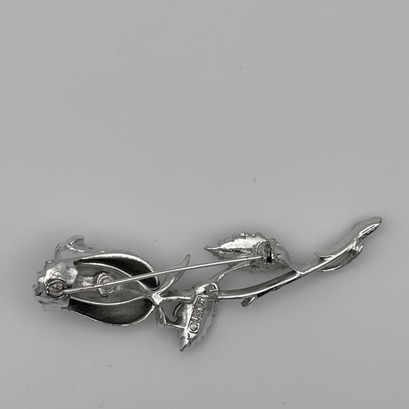 LISNER Signed Silver Tone Long Stem Rose Flower Pin Brooch - Picture 2 of 7